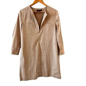 Theory Jullitah Split Neck Poplin Tunic Dress 3/4 Sleeve Khaki Size 8 Preppy